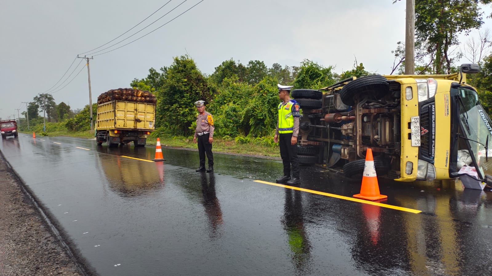 Truk Terguling, Pakan Ayam Berhamburan di Jalan Penyak