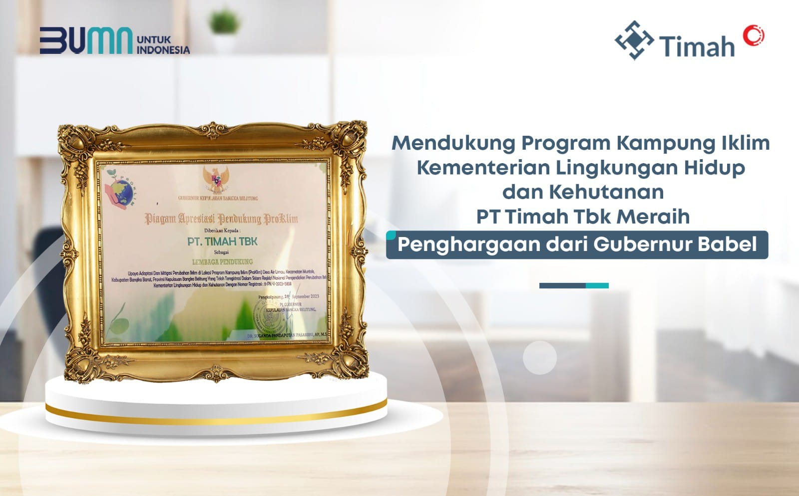 Dukung Program Desa Iklim Kementerian LHK, PT Timah Tbk Raih Penghargaan dari Gubernur Babel