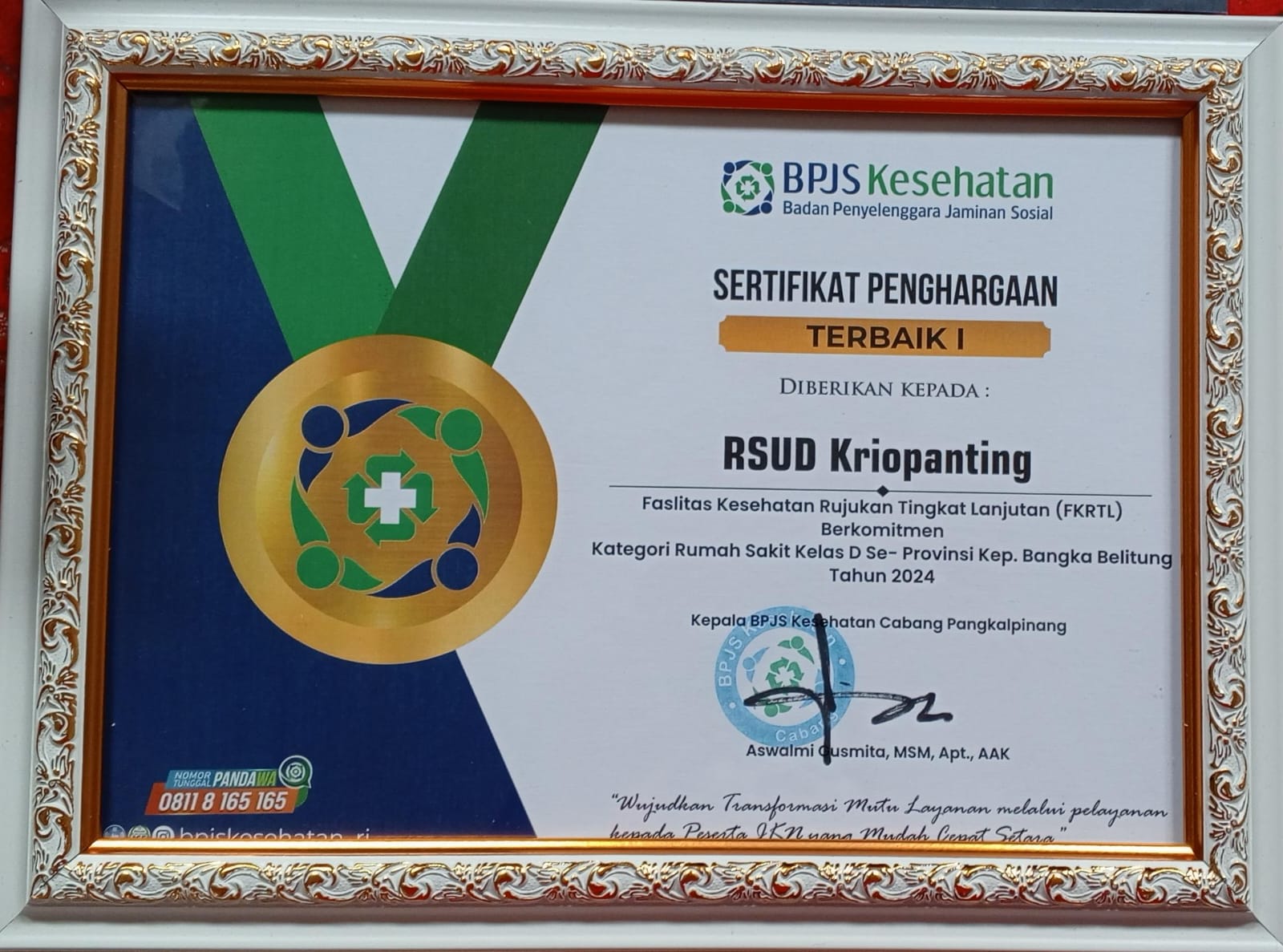 RSUD Kriopanting di Ganjar Penghargaan Oleh BPJS Pangkalpinang, Ternyata Ini Sebabnya 