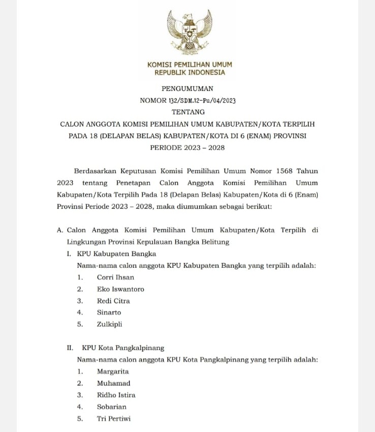 Siang Ini, Komisioner KPU Bangka dan Pangkalpinang Dilantik di Jakarta 