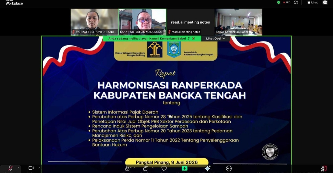 Kanwil Kemenkum Babel Harmonisasikan 1 Ranperda dan 4 Ranperkada Kabupaten Bangka Tengah