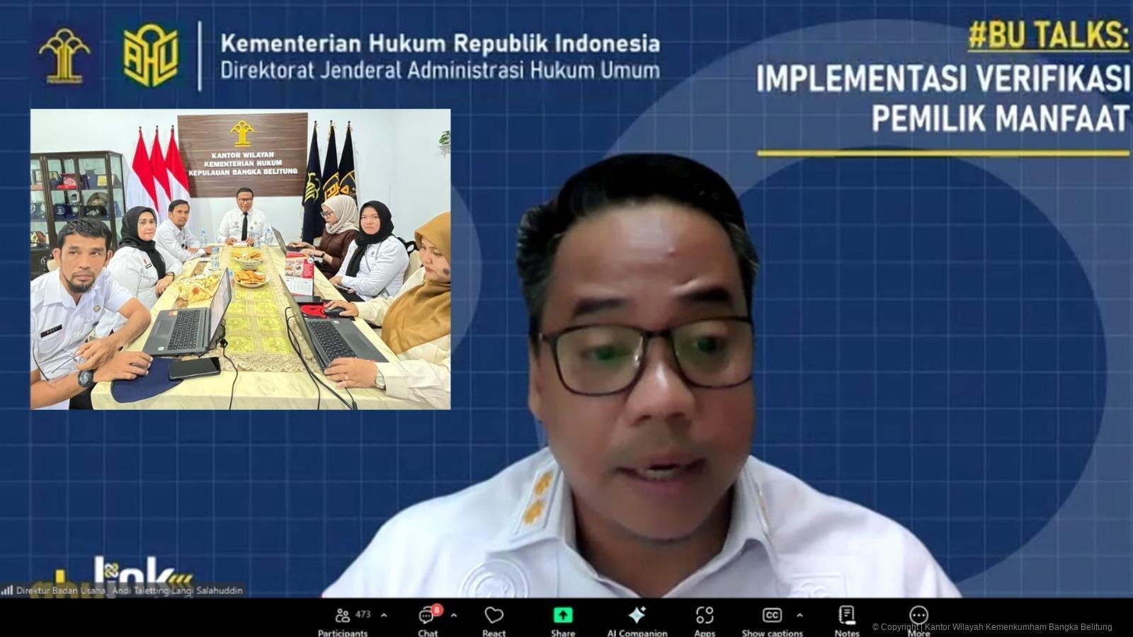 Pentingnya Pengawasan Pemilik Manfaat Korporasi, Kanwil Kemenkum Babel Ikuti Webinar