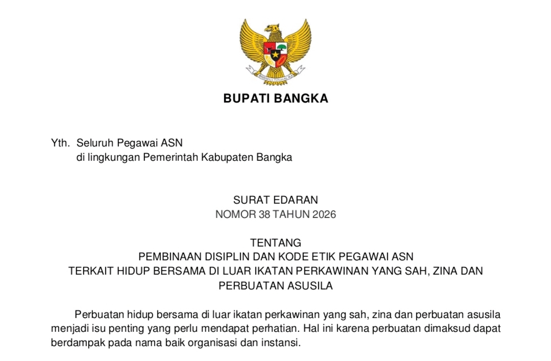 Bupati Bangka Terbitkan Surat Edaran ASN Selingkuh, Zina, Kumpul Kebo, Asusila & LGBT, Ini Ancaman Hukumannya