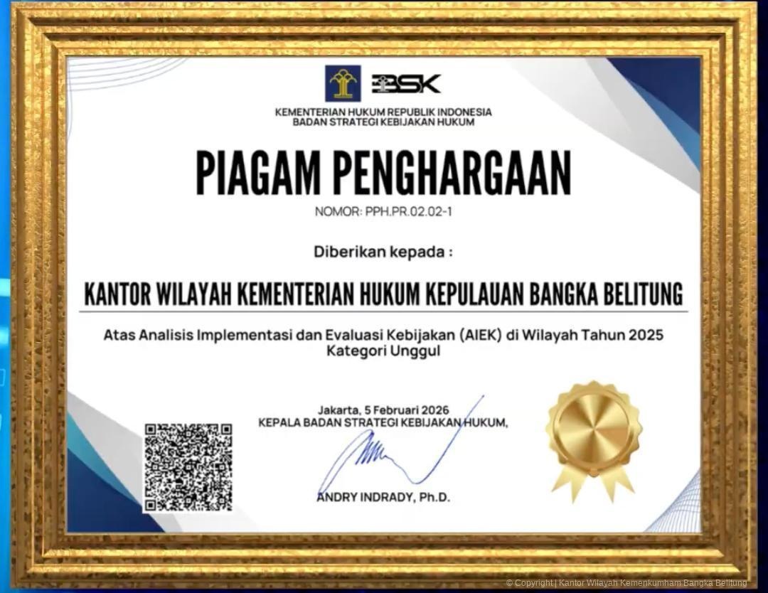 Kanwil Kemenkum Babel Raih Predikat Unggul (100) AIEK