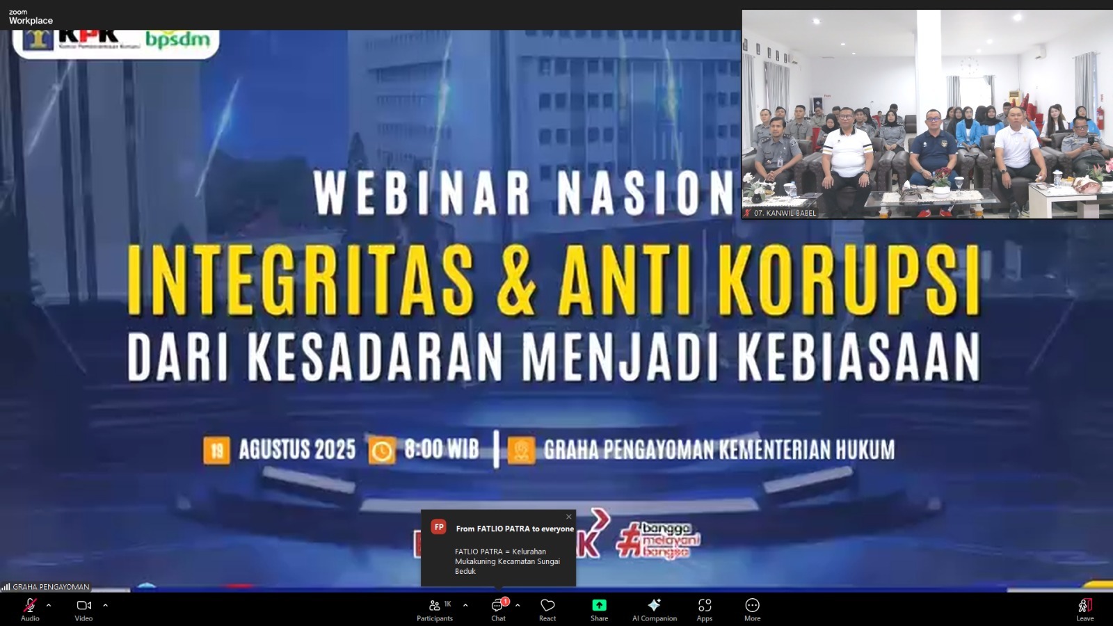 Kanwil Kemenkum Babel ikuti “Webinar Nasional Anti Korupsi “