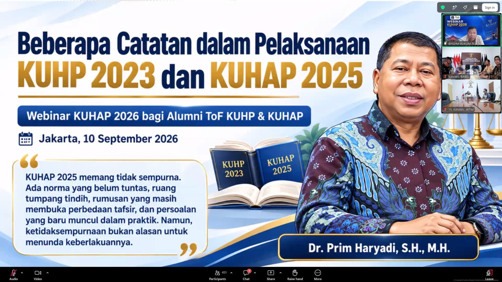 Webinar KUHAP 2026, Kanwil Kemenkum Babel Perkuat Kesiapan Hadapi Paradigma Baru Hukum Pidana