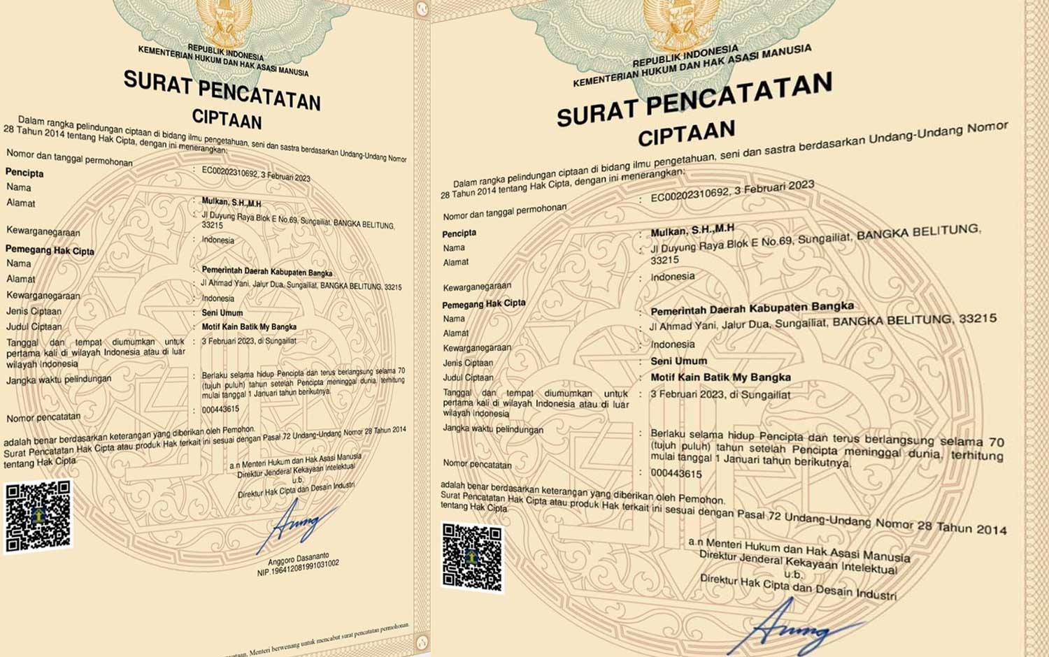 Motif Batik “My Bangka “ karya Bupati Mulkan Dicatatkan di Ditjen Kekayaan Intelektual