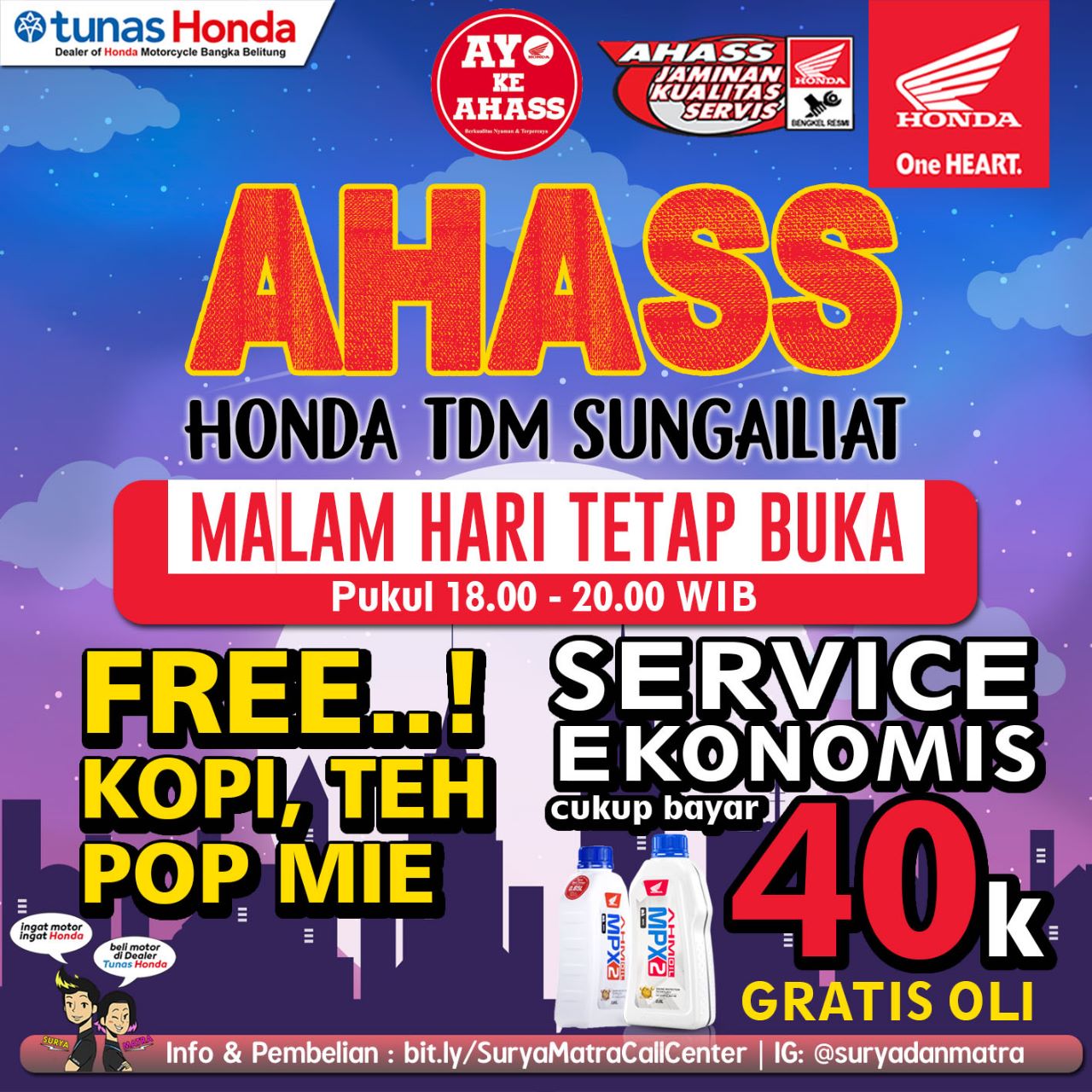 Asyik.. Bisa Service Motor Malam Hari di AHASS Honda TDM Sungailiat