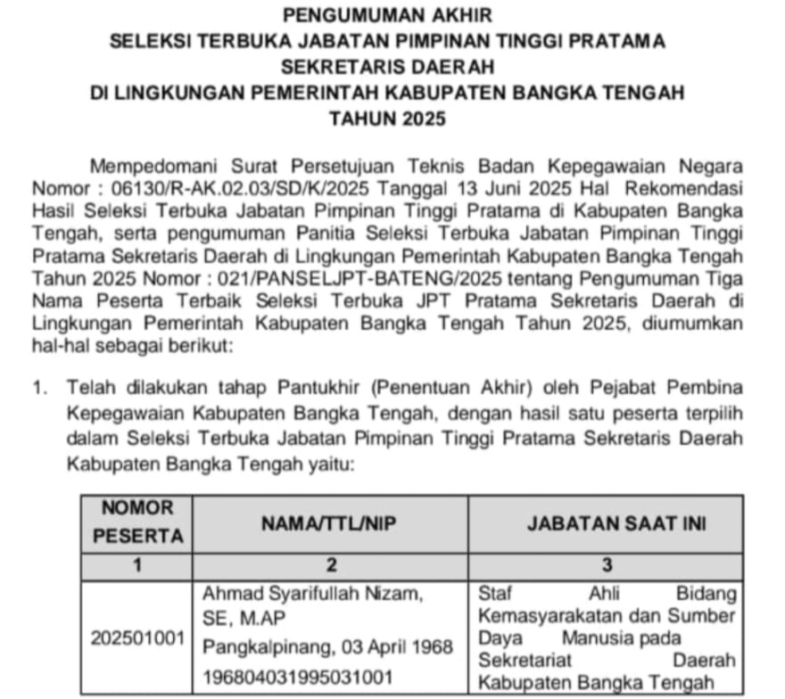 Terbaik! Ahmad Syarifullah Nizam Terpilih Jadi Sekda Bangka Tengah