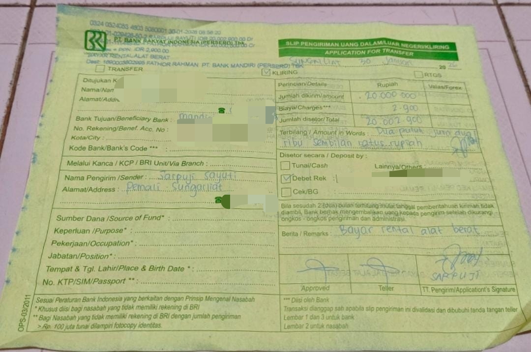 Beredar Kwitansi Pembayaran Rental Alat Berat Tambang Maut Pondi ke Oknum Polisi Fa