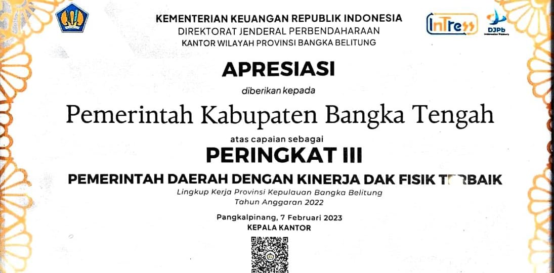 Penghargaan Lagi! Pemkab Bateng Raih Peringkat III Pemda Kinerja DAK Fisik Terbaik