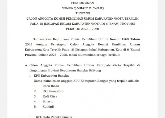 Siang Ini, Komisioner KPU Bangka dan Pangkalpinang Dilantik di Jakarta 