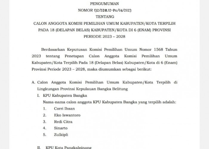 Ini 5 Komisioner KPU Bangka dan Pangkalpinang Terpilih