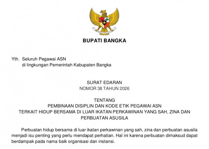 Bupati Bangka Terbitkan Surat Edaran ASN Selingkuh, Zina, Kumpul Kebo, Asusila & LGBT, Ini Ancaman Hukumannya