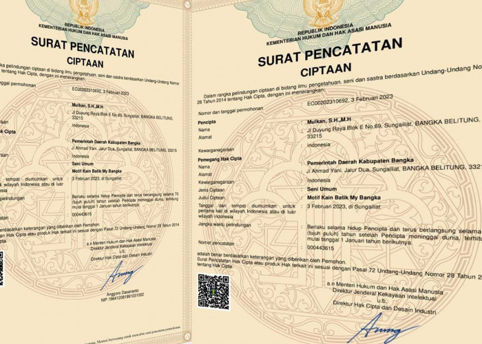 Motif Batik “My Bangka “ karya Bupati Mulkan Dicatatkan di Ditjen Kekayaan Intelektual