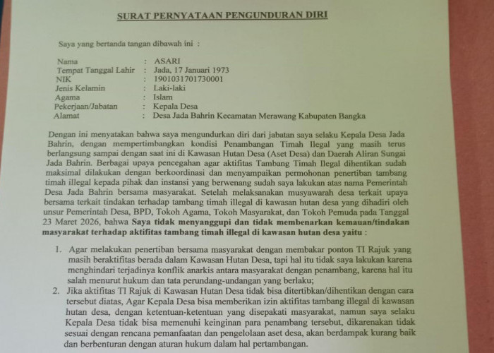 Asari Mundur dari Jabatan Kades Jada Bahrin karena Masalah Tambang Timah Ilegal, Sekdes Jadi Plt Kades