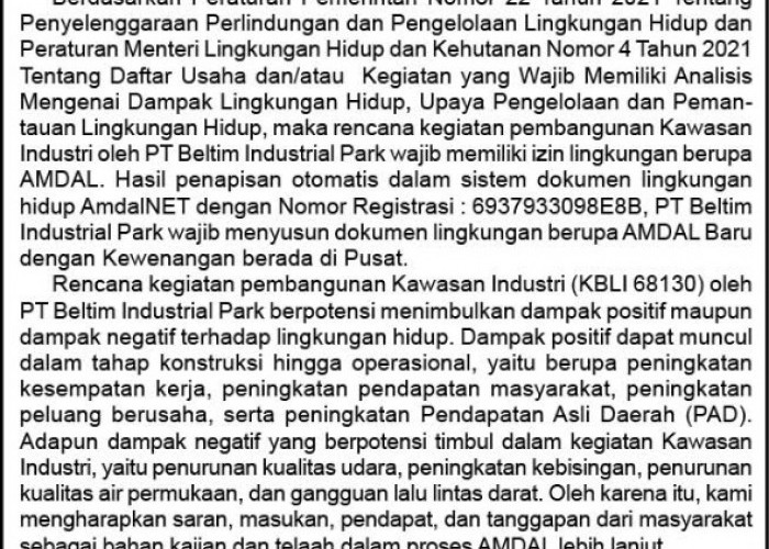 PENGUMUMAN STUDI AMDAL KEGIATAN OPERASIONAL PT BELTIM INDUSTRIAL PARK